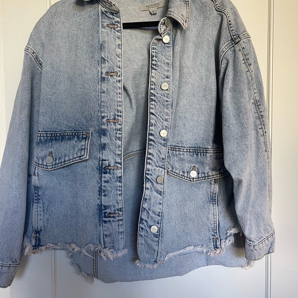 All Saints Light Blue Denim Jacket with Distressed Hem